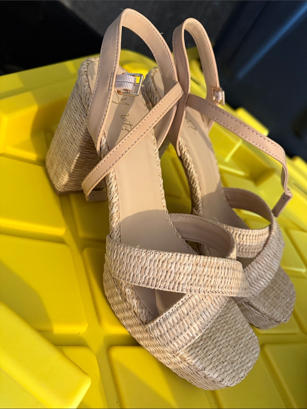 Beige Woven Platform Sandals with Ankle Strap